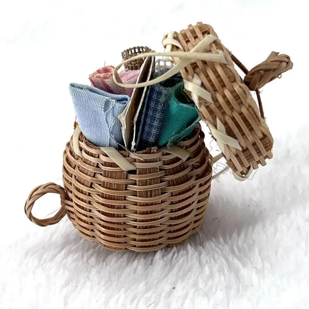 Vintage Mini Artisan Wicker Sewing Basket & Fabric Dollhouse Miniature 1:12